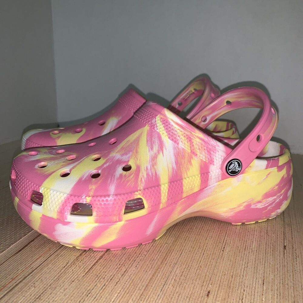 Crocs Classic Platform Clog Marbled Pink Lemonade Yellow Tie Dye Shoes Womens 10